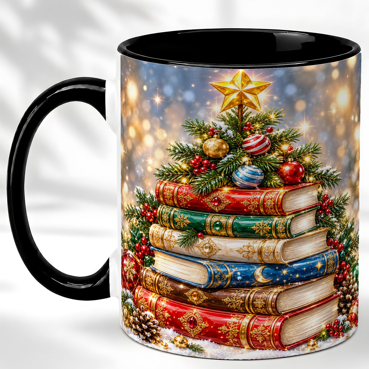 #pl[11oz|Black] Jeweled Christmas Book Tree Coffee Mug, Book Mug, Ceramic Cup