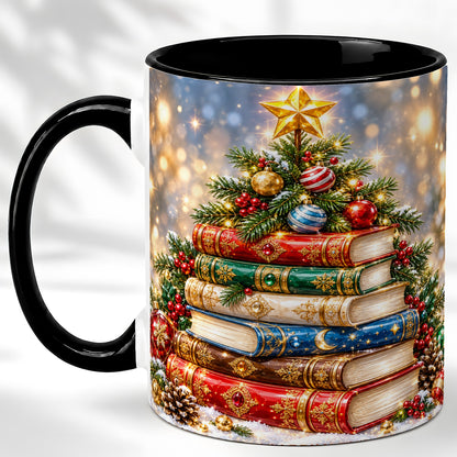 #pl[11oz|Black] Jeweled Christmas Book Tree Coffee Mug, Book Mug, Ceramic Cup