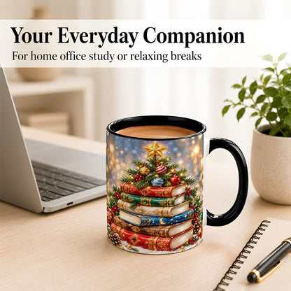 #pl[11oz|Black] Jeweled Christmas Book Tree Coffee Mug, Book Mug, Ceramic Cup