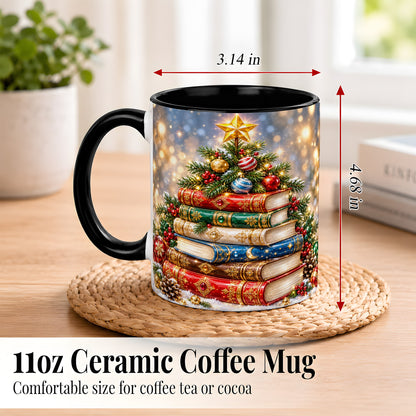 #pl[11oz|Black] Jeweled Christmas Book Tree Coffee Mug, Book Mug, Ceramic Cup
