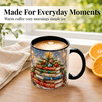 #pl[11oz|Black] Jeweled Christmas Book Tree Coffee Mug, Book Mug, Ceramic Cup