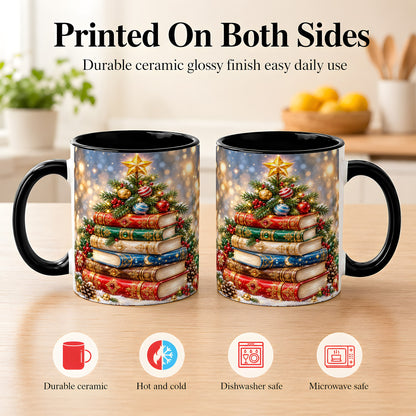 #pl[11oz|Black] Jeweled Christmas Book Tree Coffee Mug, Book Mug, Ceramic Cup