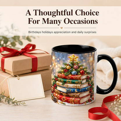 #pl[11oz|Black] Jeweled Christmas Book Tree Coffee Mug, Book Mug, Ceramic Cup