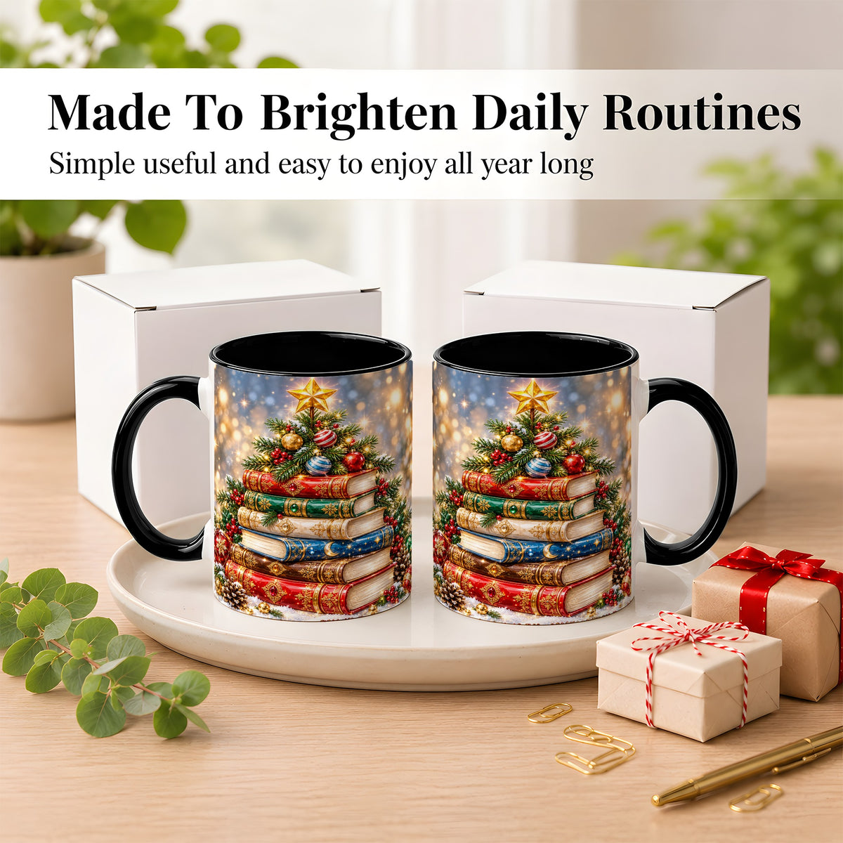 #pl[11oz|Black] Jeweled Christmas Book Tree Coffee Mug, Book Mug, Ceramic Cup