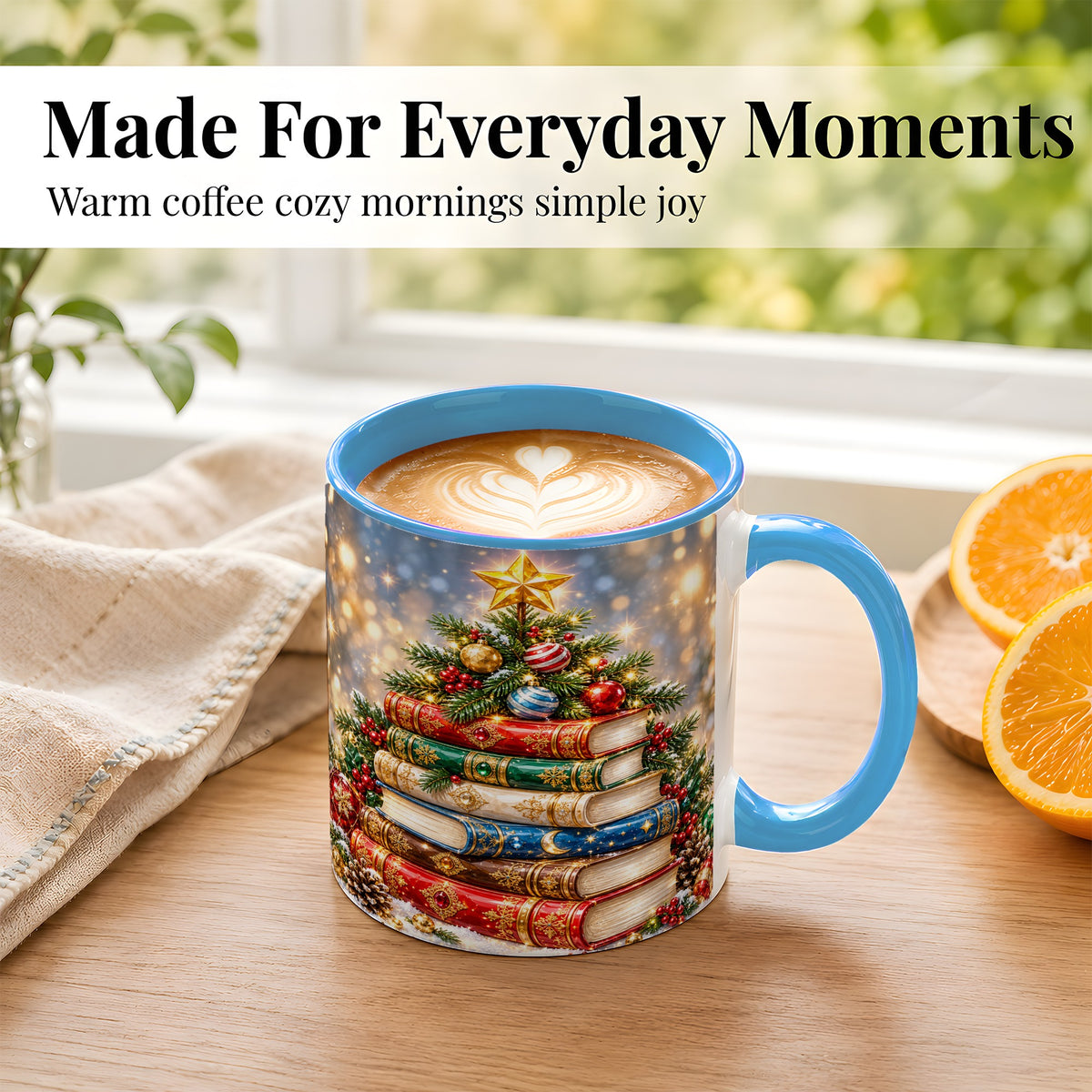 #pl[11oz|Blue] Jeweled Christmas Book Tree Coffee Mug, Book Mug, Ceramic Cup