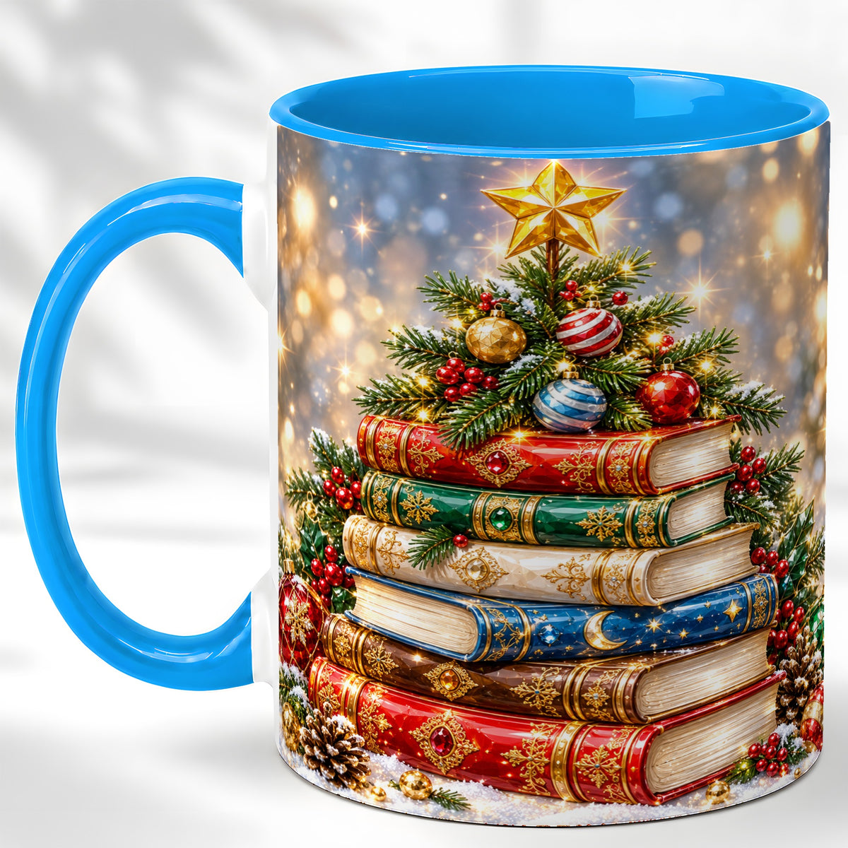 #pl[11oz|Blue] Jeweled Christmas Book Tree Coffee Mug, Book Mug, Ceramic Cup