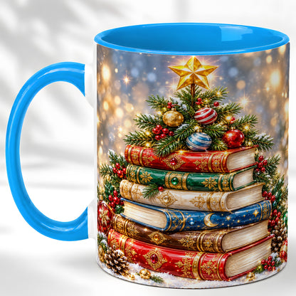 #pl[11oz|Blue] Jeweled Christmas Book Tree Coffee Mug, Book Mug, Ceramic Cup