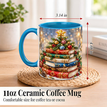 #pl[11oz|Blue] Jeweled Christmas Book Tree Coffee Mug, Book Mug, Ceramic Cup