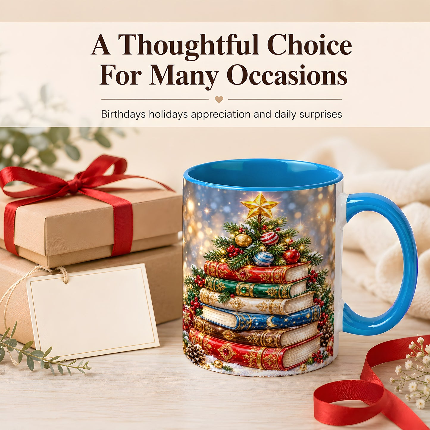 #pl[11oz|Blue] Jeweled Christmas Book Tree Coffee Mug, Book Mug, Ceramic Cup