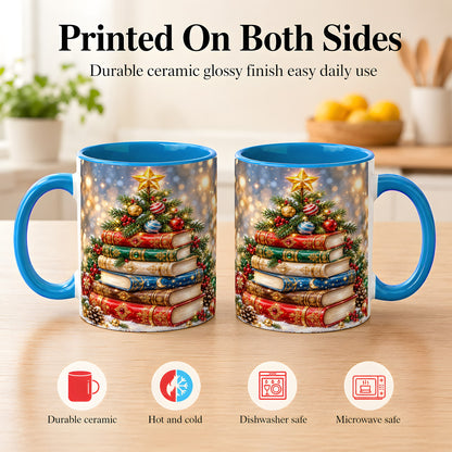 #pl[11oz|Blue] Jeweled Christmas Book Tree Coffee Mug, Book Mug, Ceramic Cup