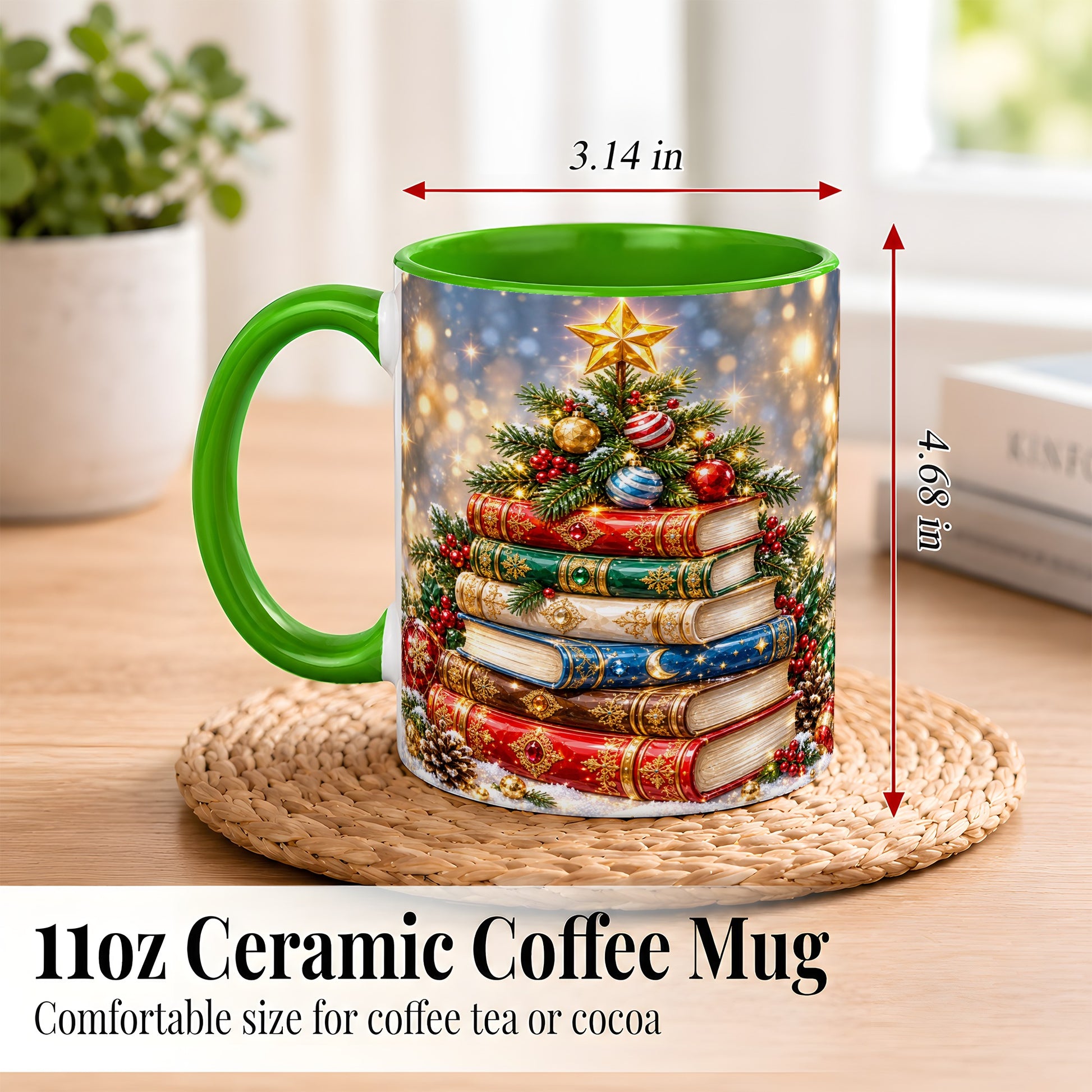 #pl[11oz|Green] Jeweled Christmas Book Tree Coffee Mug, Book Mug, Ceramic Cup
