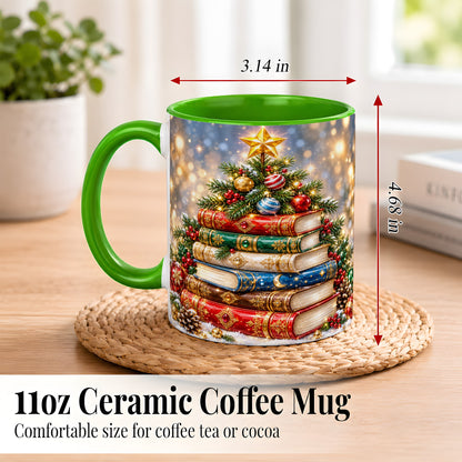 #pl[11oz|Green] Jeweled Christmas Book Tree Coffee Mug, Book Mug, Ceramic Cup