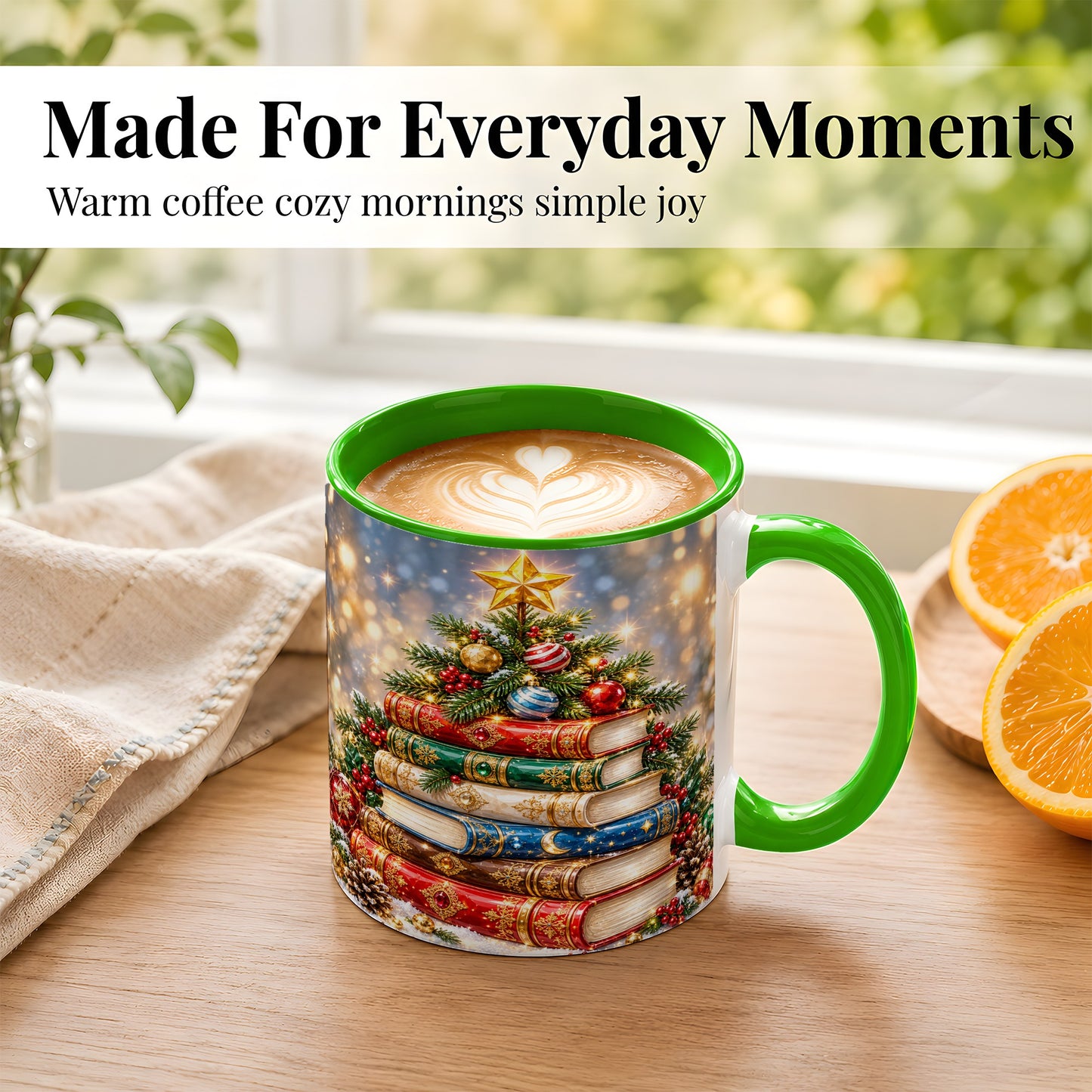 #pl[11oz|Green] Jeweled Christmas Book Tree Coffee Mug, Book Mug, Ceramic Cup