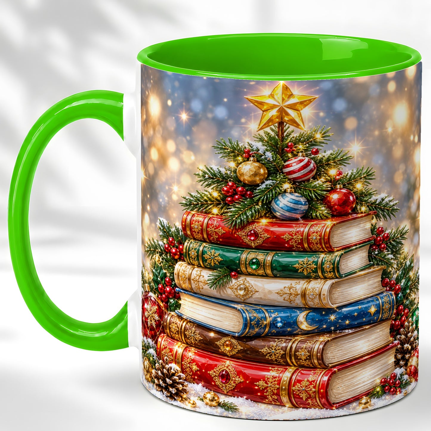 #pl[11oz|Green] Jeweled Christmas Book Tree Coffee Mug, Book Mug, Ceramic Cup