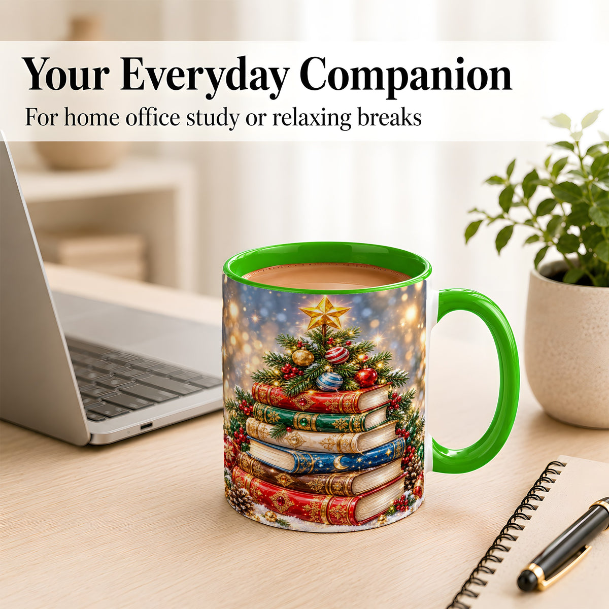 #pl[11oz|Green] Jeweled Christmas Book Tree Coffee Mug, Book Mug, Ceramic Cup