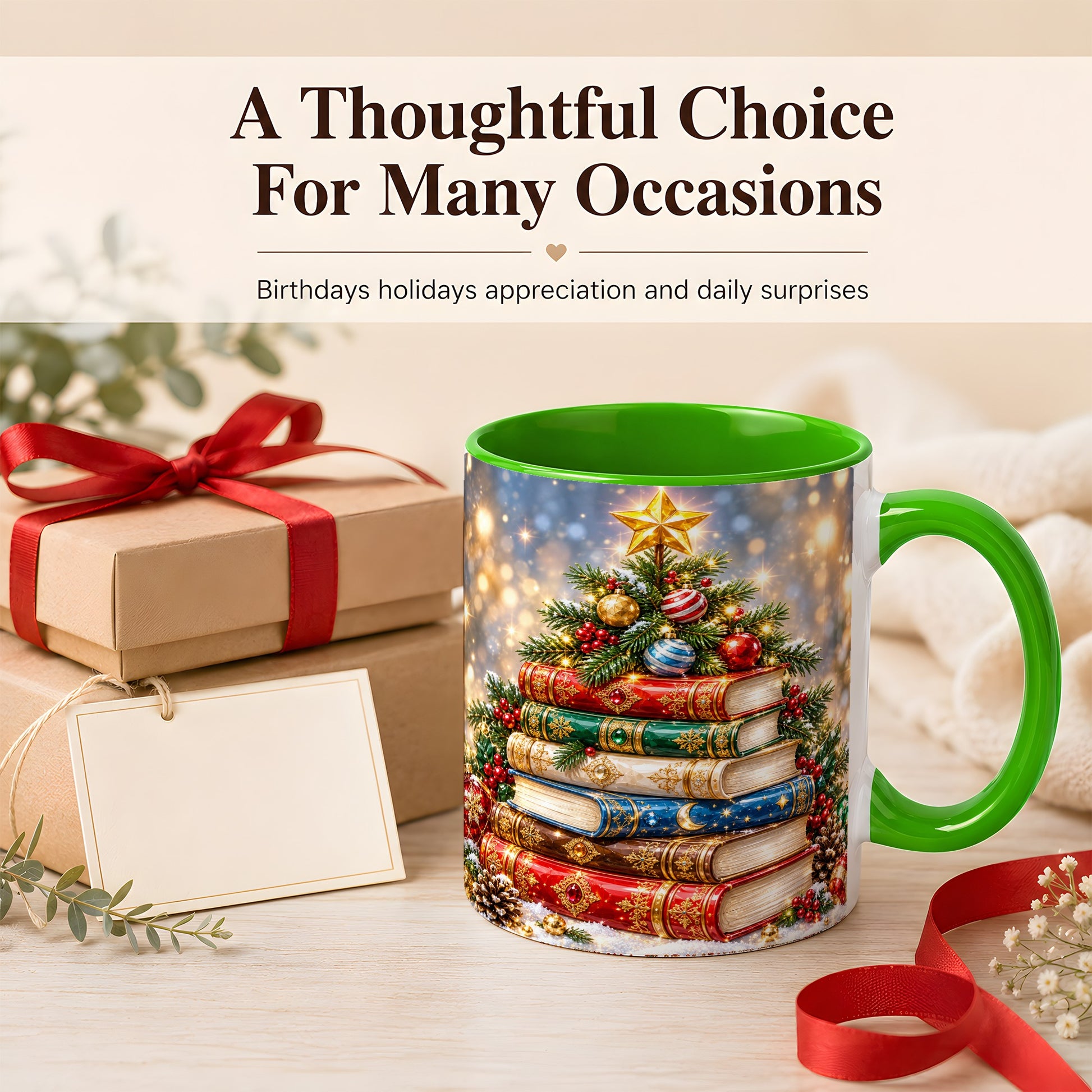 #pl[11oz|Green] Jeweled Christmas Book Tree Coffee Mug, Book Mug, Ceramic Cup