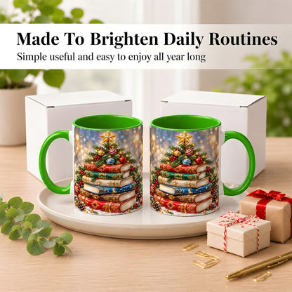 #pl[11oz|Green] Jeweled Christmas Book Tree Coffee Mug, Book Mug, Ceramic Cup