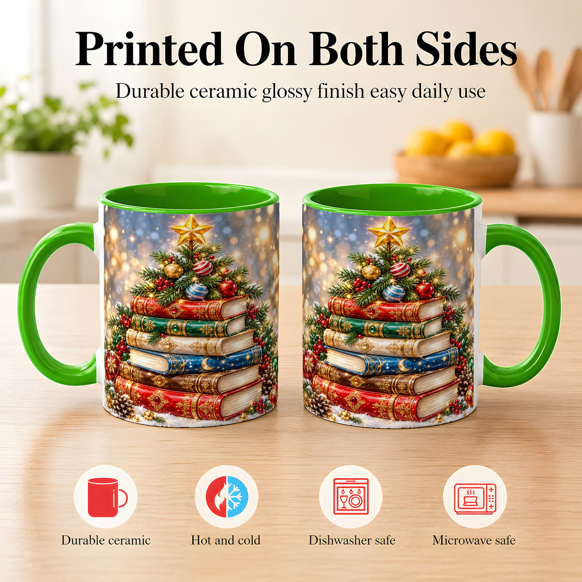 #pl[11oz|Green] Jeweled Christmas Book Tree Coffee Mug, Book Mug, Ceramic Cup
