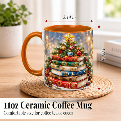 #pl[11oz|Orange] Jeweled Christmas Book Tree Coffee Mug, Book Mug, Ceramic Cup