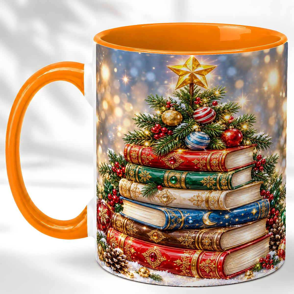 #pl[11oz|Orange] Jeweled Christmas Book Tree Coffee Mug, Book Mug, Ceramic Cup