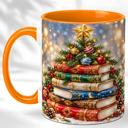 #pl[11oz|Orange] Jeweled Christmas Book Tree Coffee Mug, Book Mug, Ceramic Cup