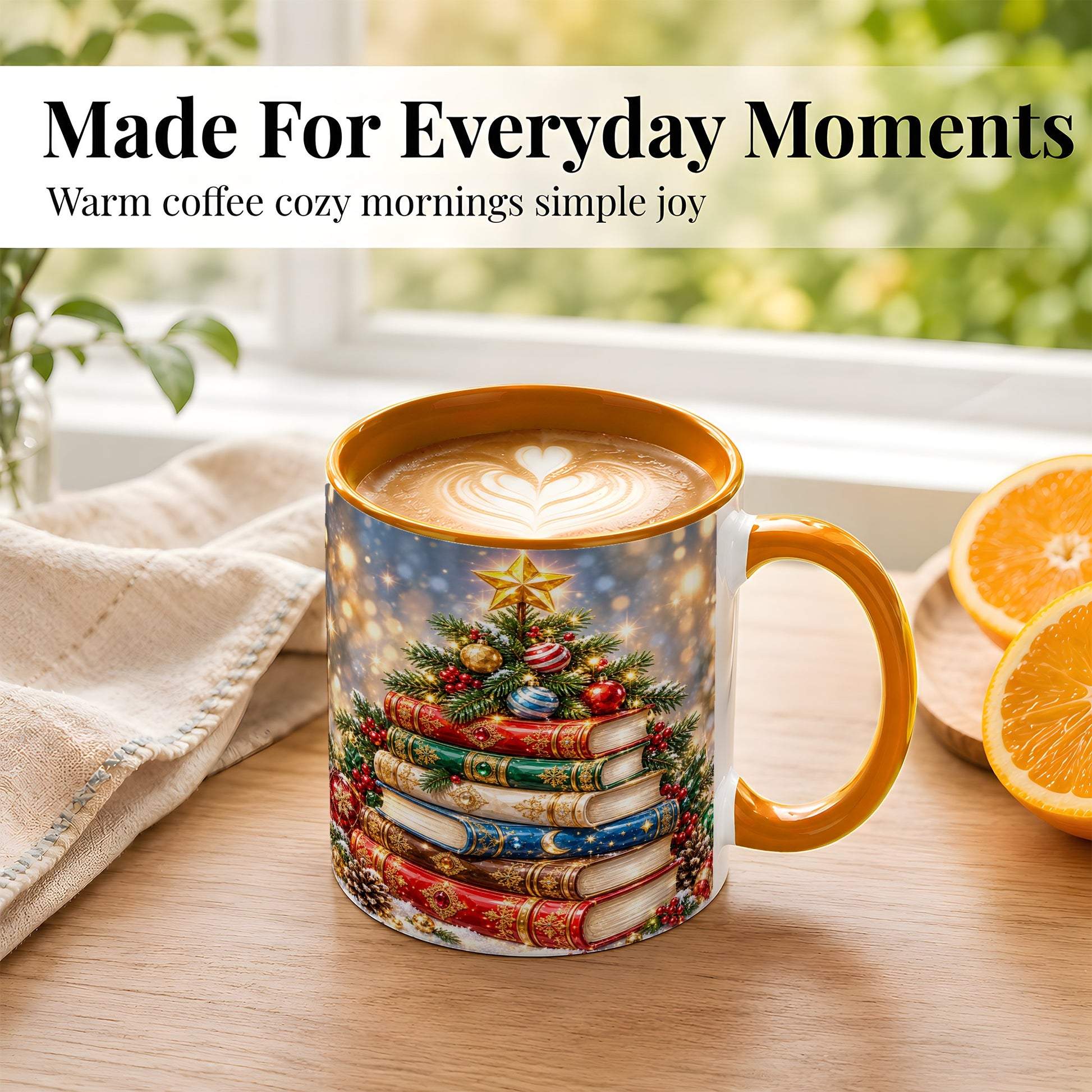 #pl[11oz|Orange] Jeweled Christmas Book Tree Coffee Mug, Book Mug, Ceramic Cup