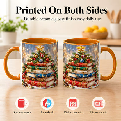 #pl[11oz|Orange] Jeweled Christmas Book Tree Coffee Mug, Book Mug, Ceramic Cup