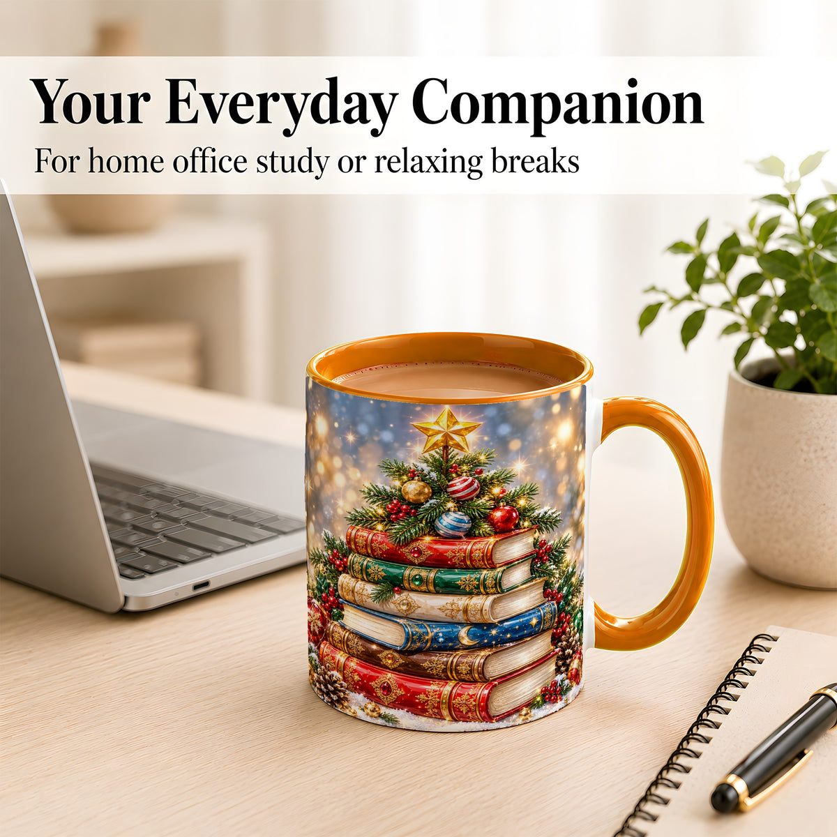 #pl[11oz|Orange] Jeweled Christmas Book Tree Coffee Mug, Book Mug, Ceramic Cup