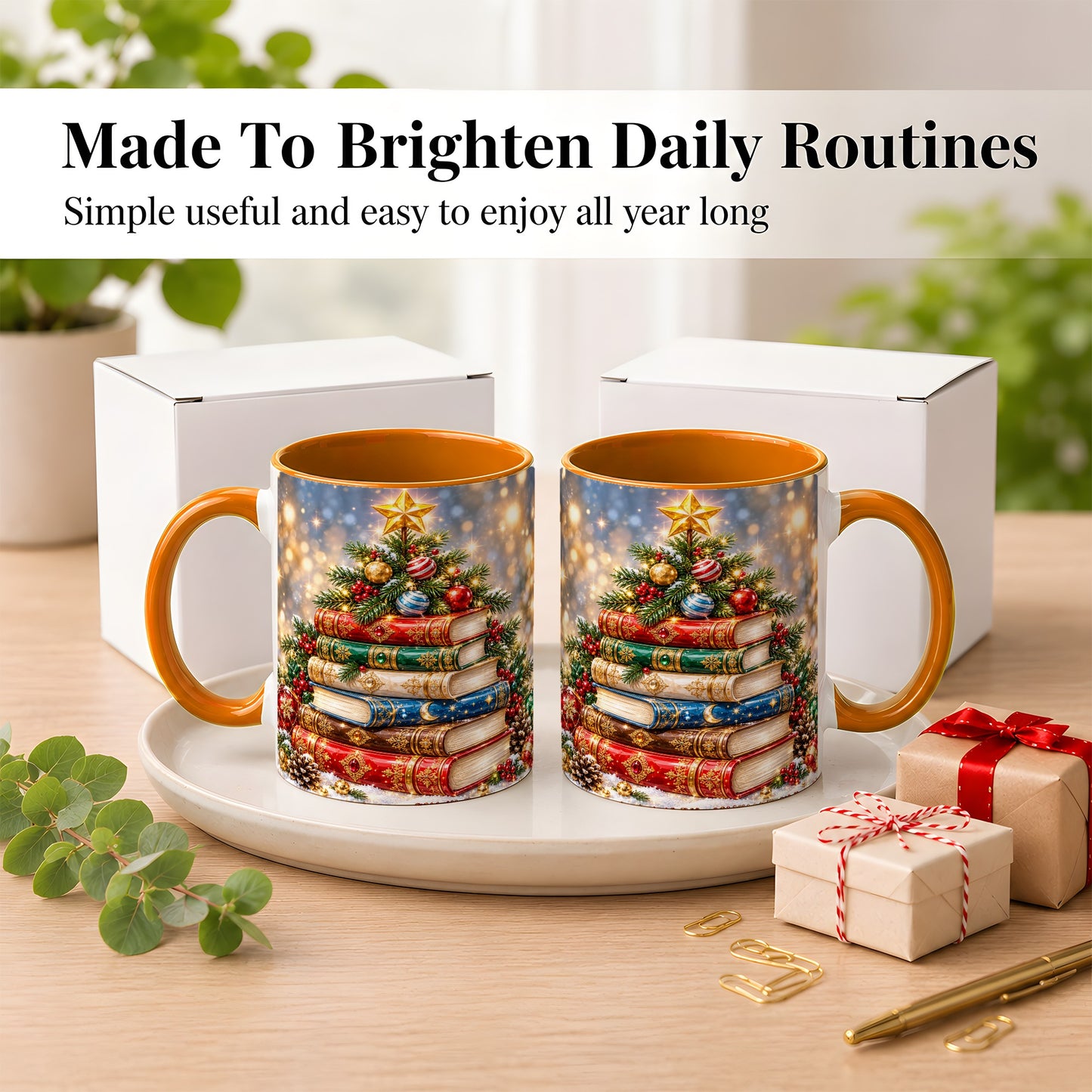 #pl[11oz|Orange] Jeweled Christmas Book Tree Coffee Mug, Book Mug, Ceramic Cup