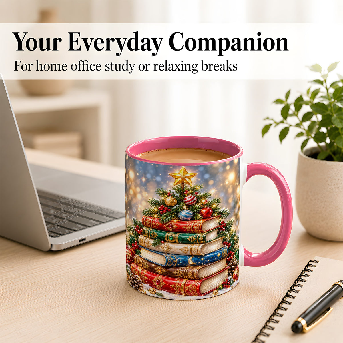 #pl[11oz|Pink] Jeweled Christmas Book Tree Coffee Mug, Book Mug, Ceramic Cup