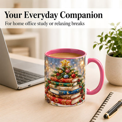#pl[11oz|Pink] Jeweled Christmas Book Tree Coffee Mug, Book Mug, Ceramic Cup