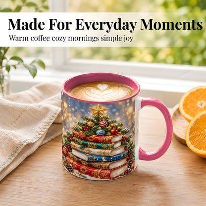 #pl[11oz|Pink] Jeweled Christmas Book Tree Coffee Mug, Book Mug, Ceramic Cup