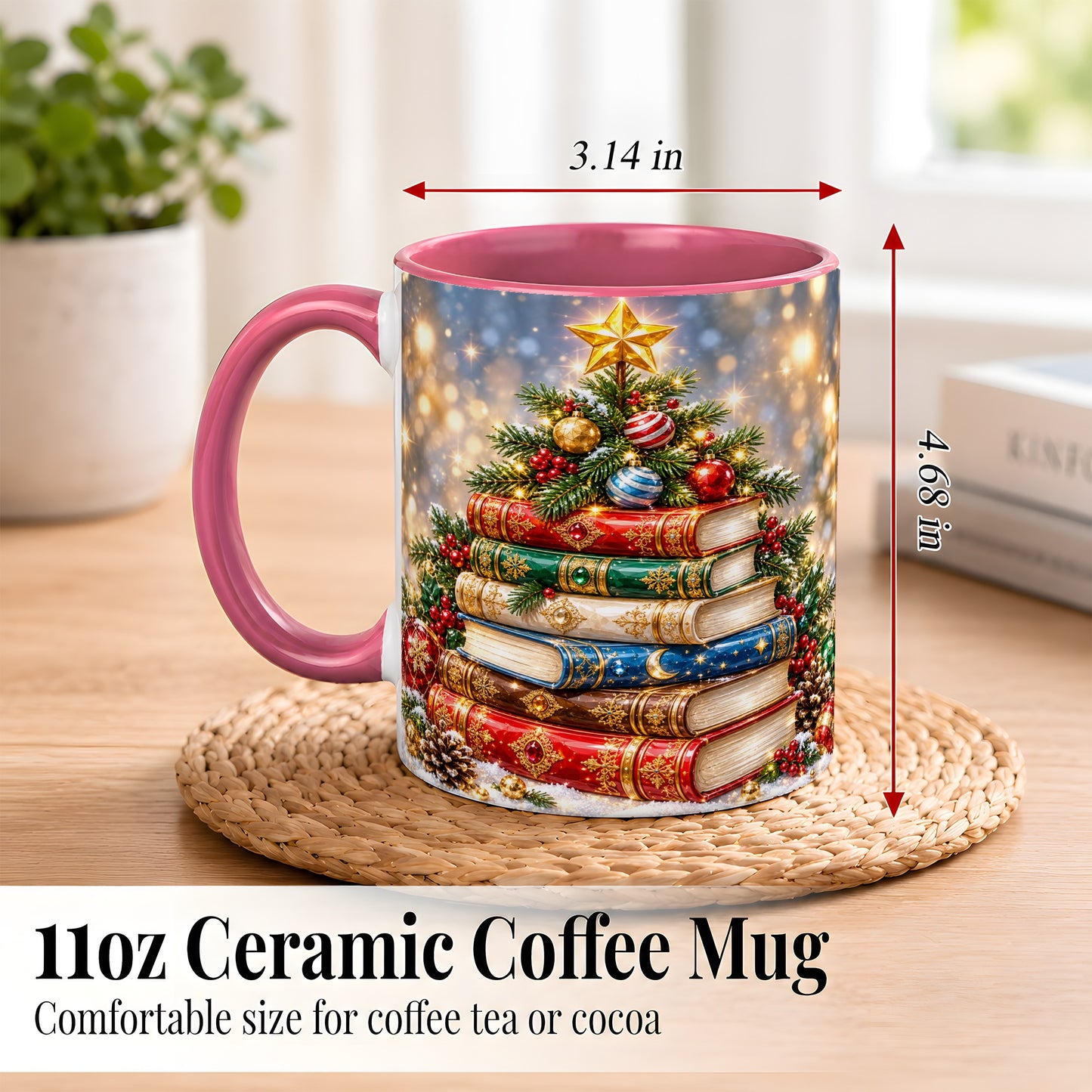 #pl[11oz|Pink] Jeweled Christmas Book Tree Coffee Mug, Book Mug, Ceramic Cup