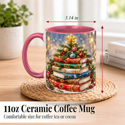 #pl[11oz|Pink] Jeweled Christmas Book Tree Coffee Mug, Book Mug, Ceramic Cup