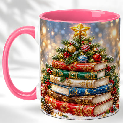 #pl[11oz|Pink] Jeweled Christmas Book Tree Coffee Mug, Book Mug, Ceramic Cup