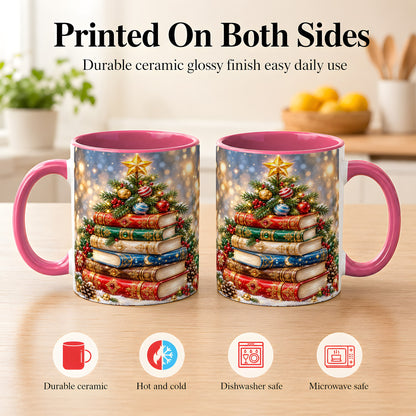 #pl[11oz|Pink] Jeweled Christmas Book Tree Coffee Mug, Book Mug, Ceramic Cup