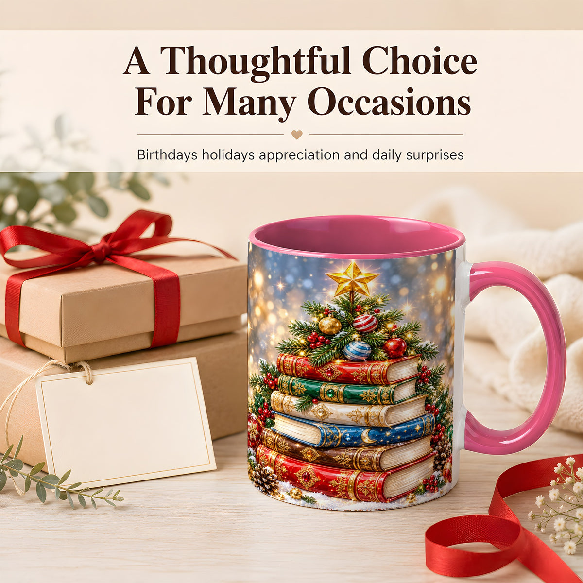 #pl[11oz|Pink] Jeweled Christmas Book Tree Coffee Mug, Book Mug, Ceramic Cup