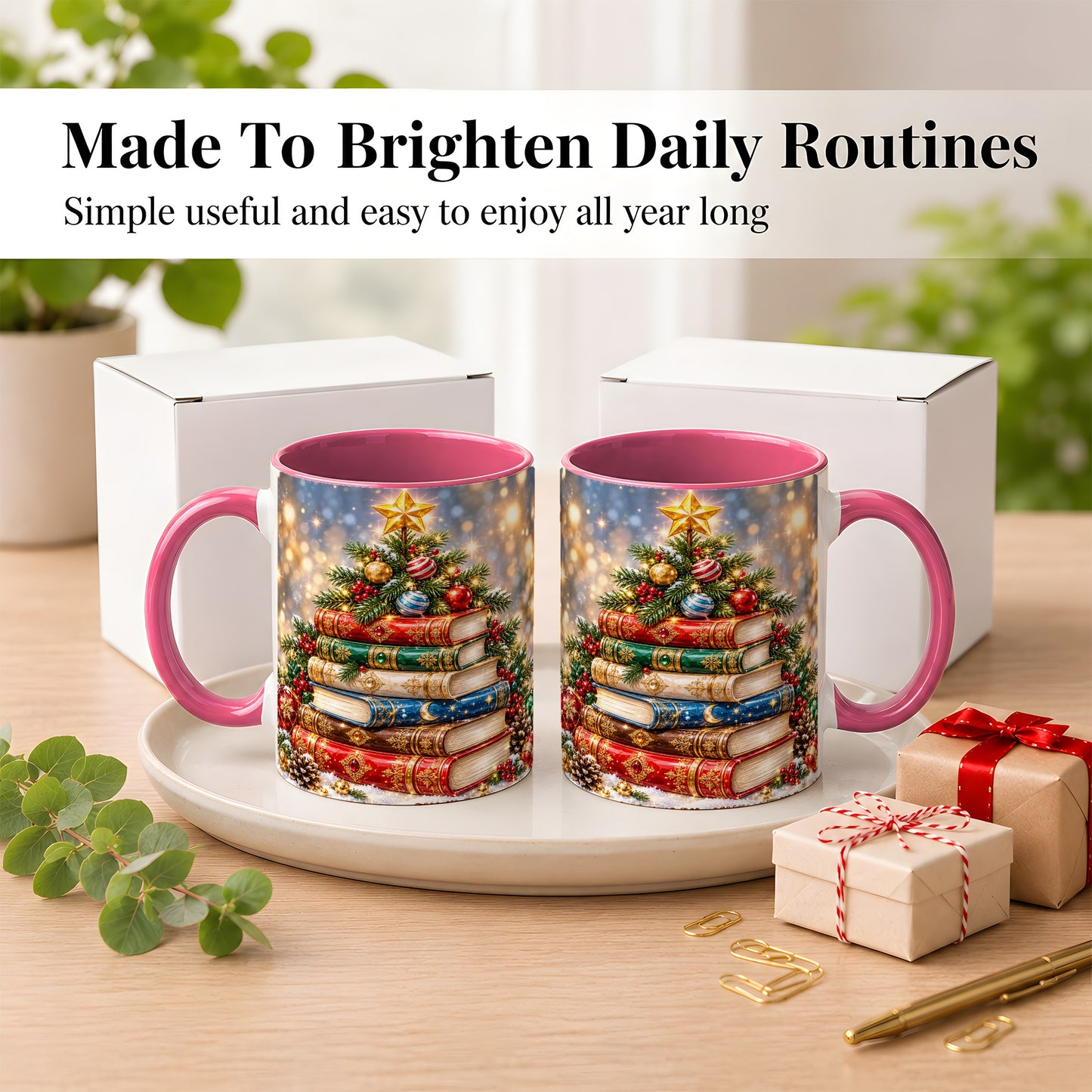 #pl[11oz|Pink] Jeweled Christmas Book Tree Coffee Mug, Book Mug, Ceramic Cup