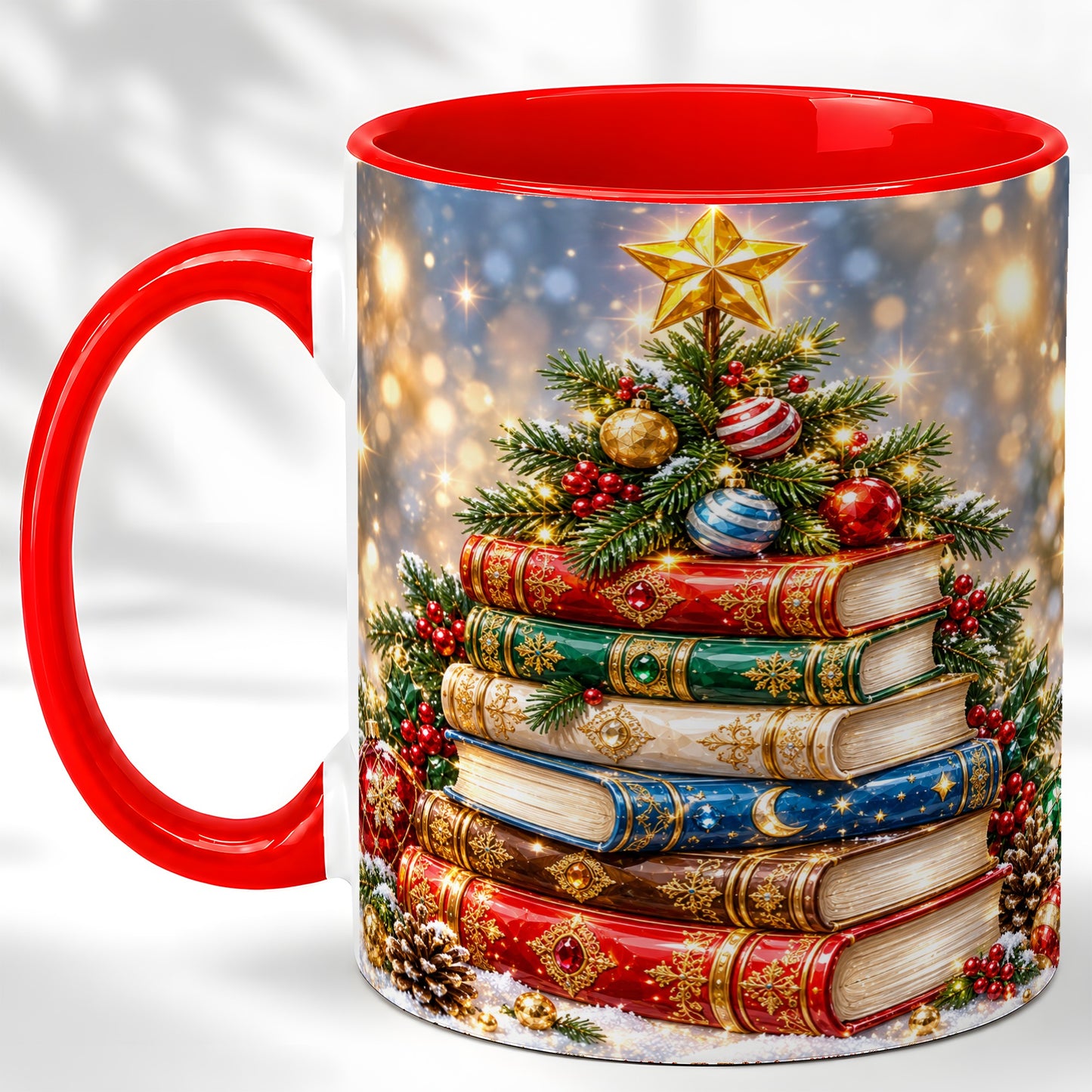 Jeweled Christmas Book Tree Coffee Mug, Book Mug, Ceramic Cup