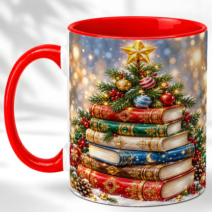 Jeweled Christmas Book Tree Coffee Mug, Book Mug, Ceramic Cup