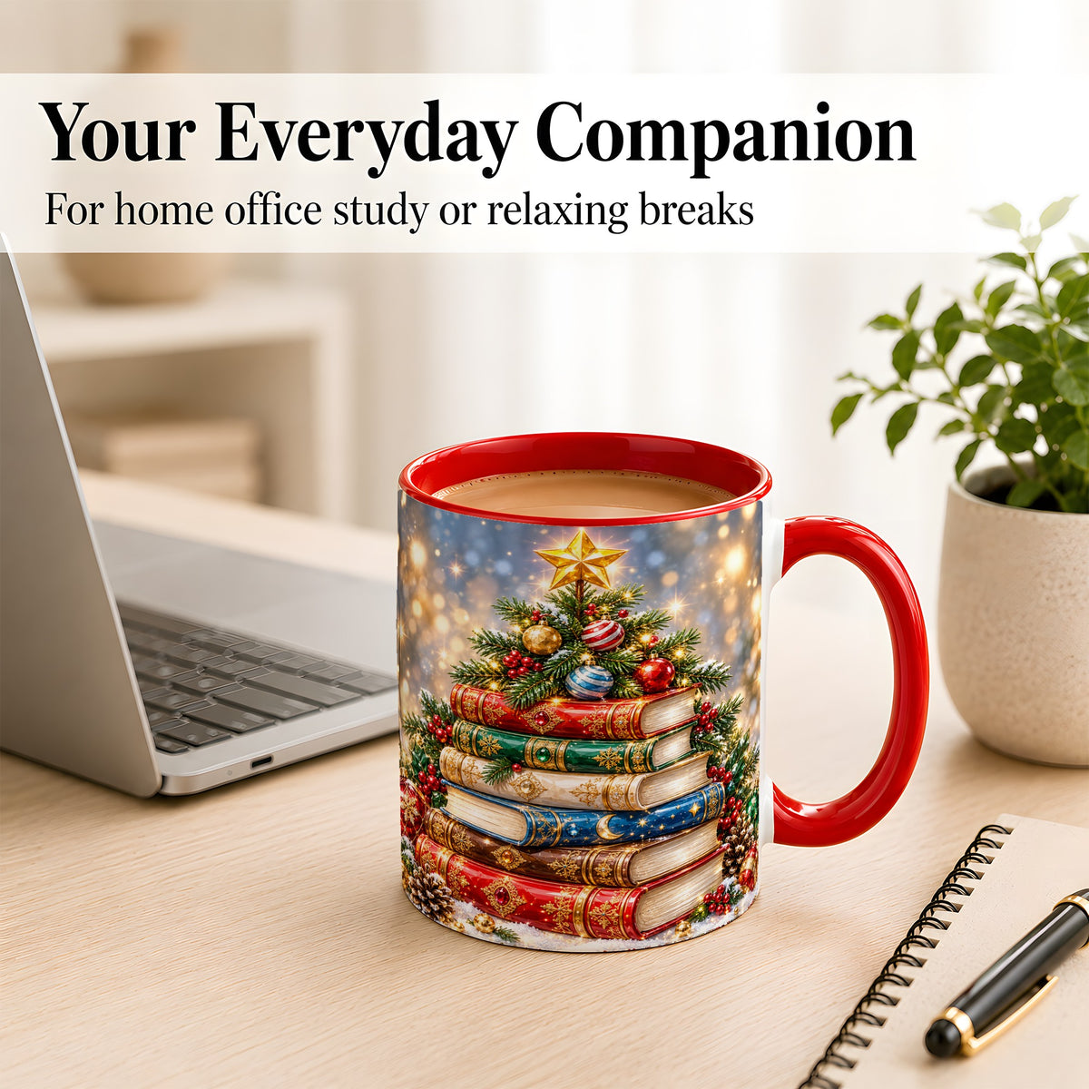 #pl[11oz|Red] Jeweled Christmas Book Tree Coffee Mug, Book Mug, Ceramic Cup