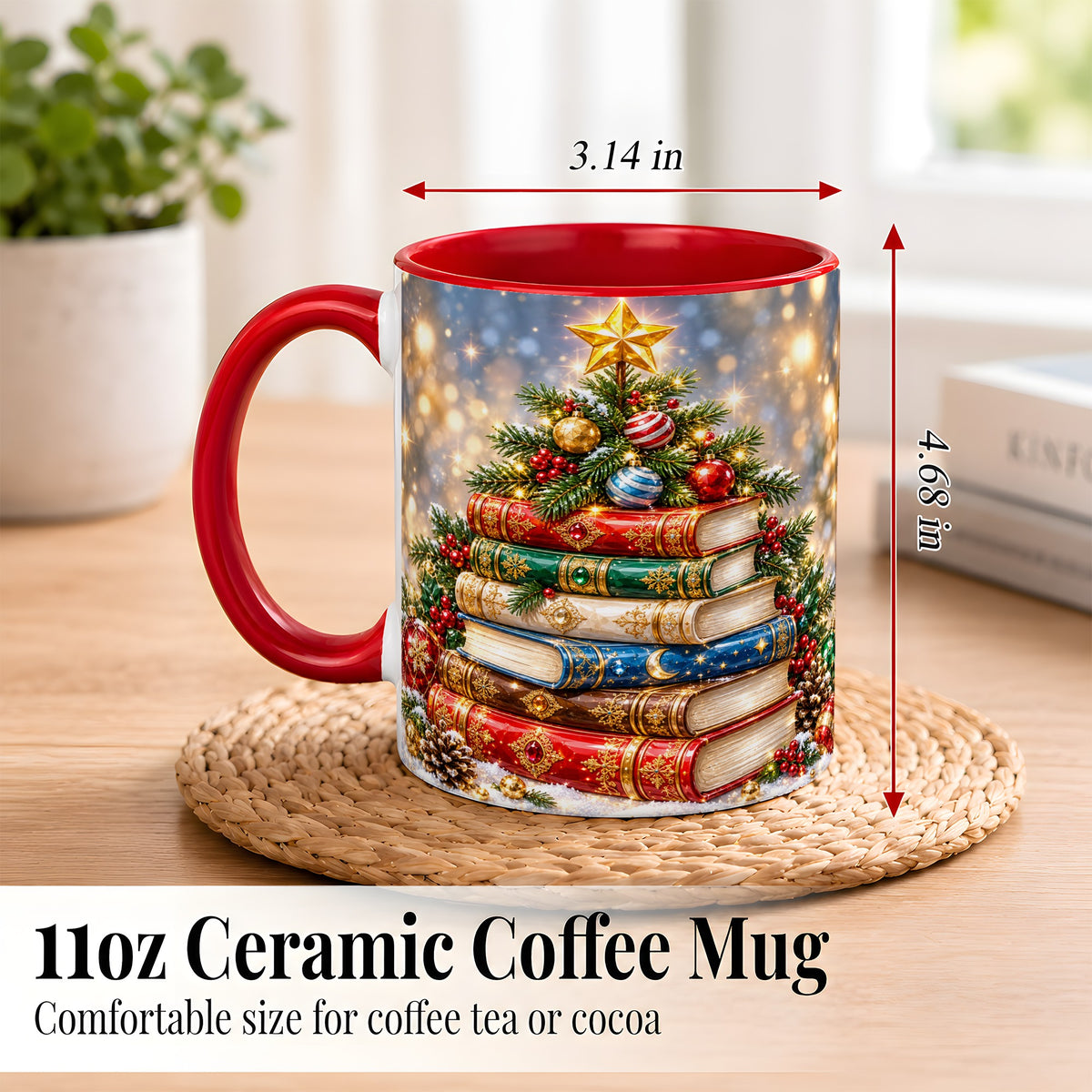 #pl[11oz|Red] Jeweled Christmas Book Tree Coffee Mug, Book Mug, Ceramic Cup