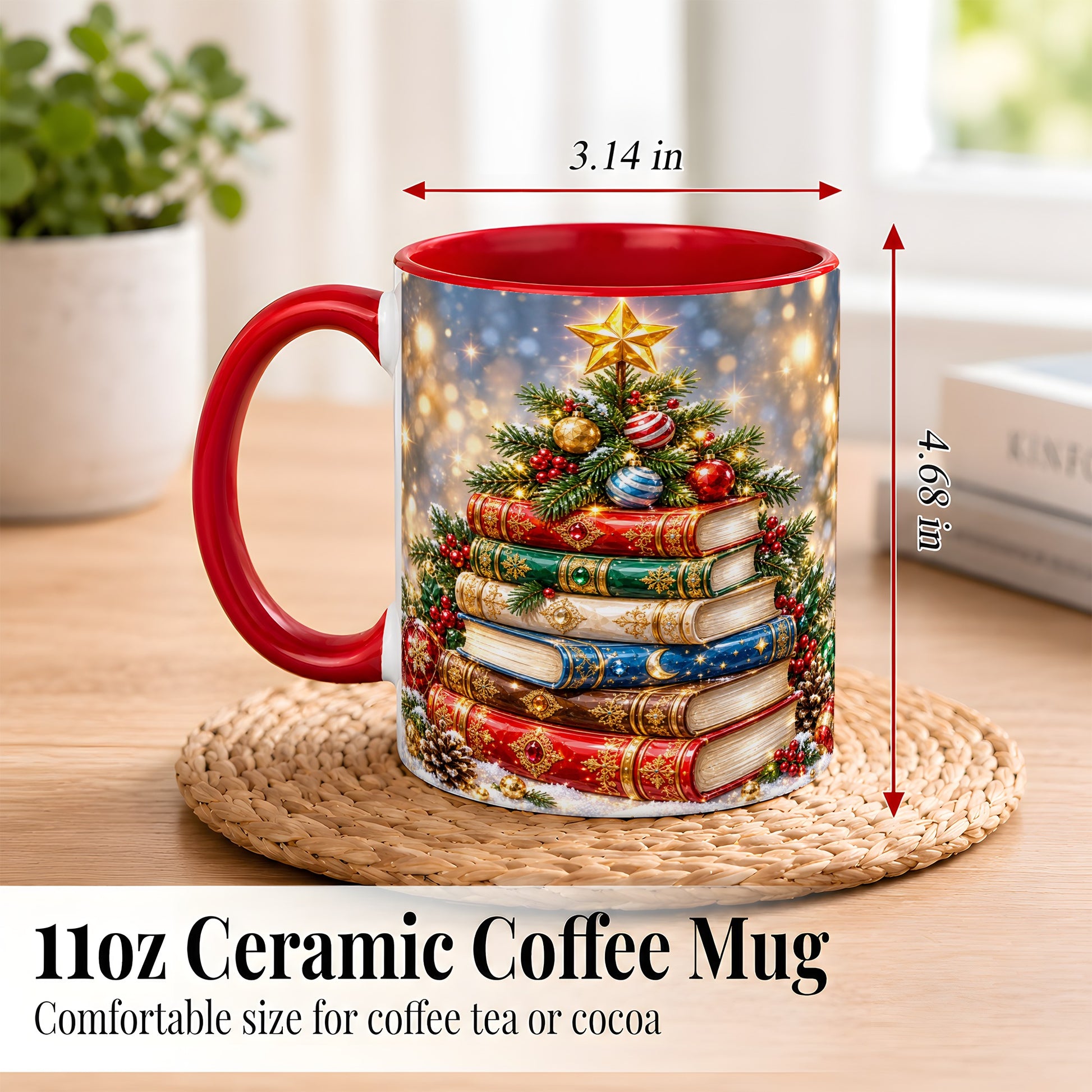 #pl[11oz|Red] Jeweled Christmas Book Tree Coffee Mug, Book Mug, Ceramic Cup