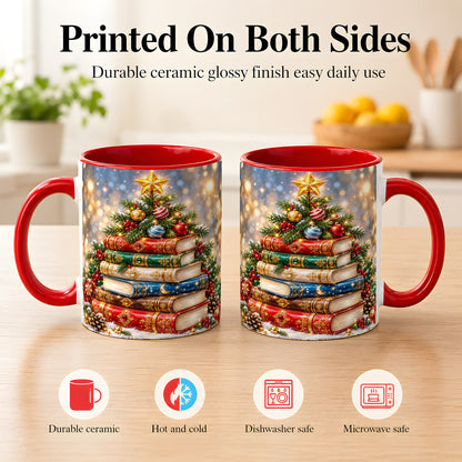 #pl[11oz|Red] Jeweled Christmas Book Tree Coffee Mug, Book Mug, Ceramic Cup