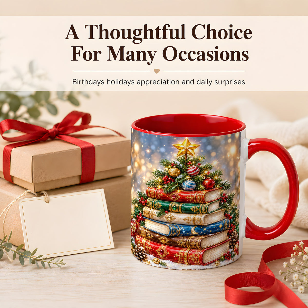 #pl[11oz|Red] Jeweled Christmas Book Tree Coffee Mug, Book Mug, Ceramic Cup