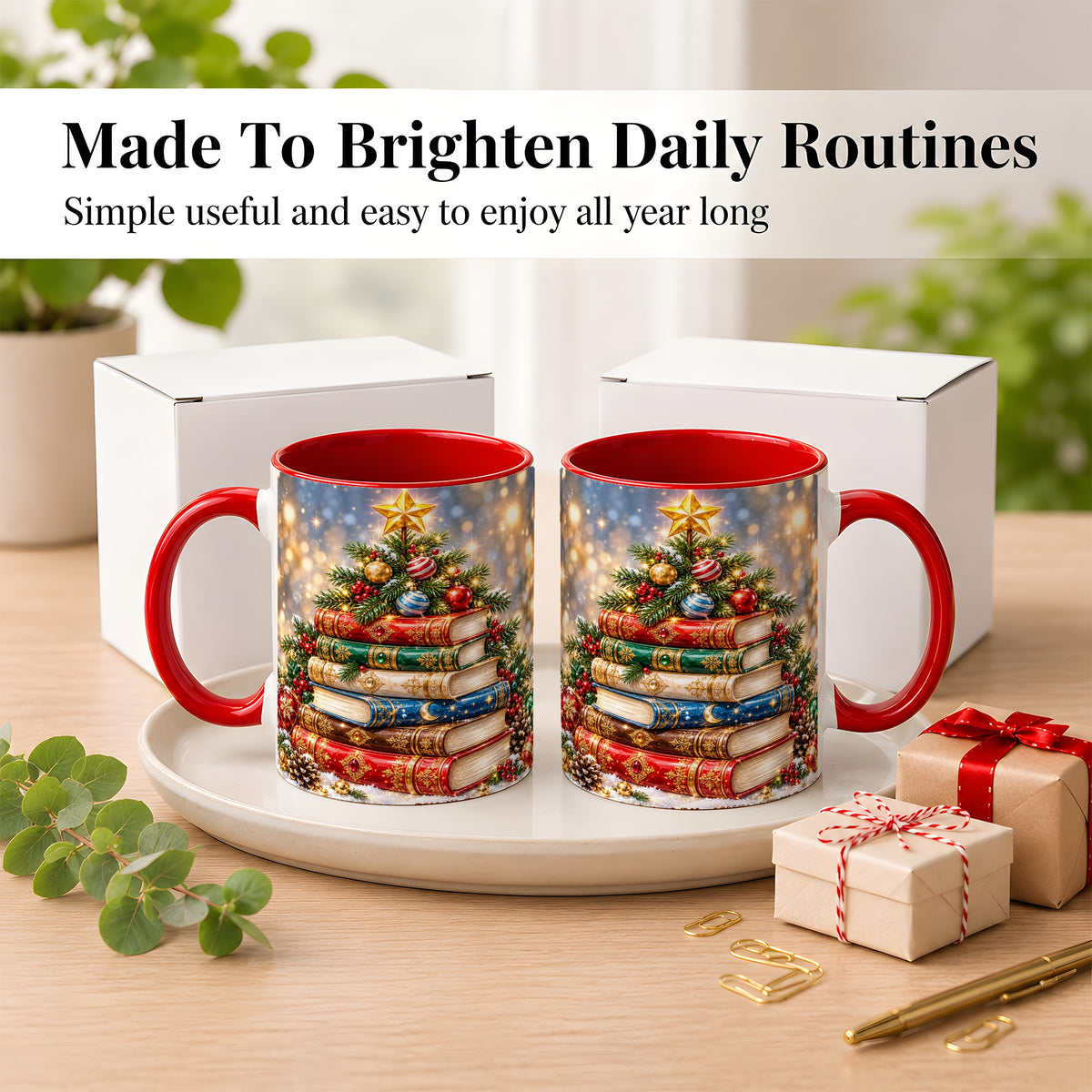 #pl[11oz|Red] Jeweled Christmas Book Tree Coffee Mug, Book Mug, Ceramic Cup