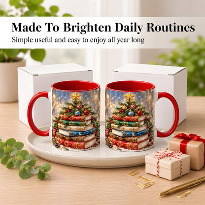 #pl[11oz|Red] Jeweled Christmas Book Tree Coffee Mug, Book Mug, Ceramic Cup