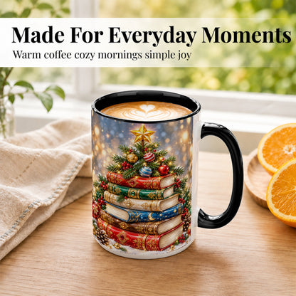 #pl[15oz|Black] Jeweled Christmas Book Tree Coffee Mug, Book Mug, Ceramic Cup