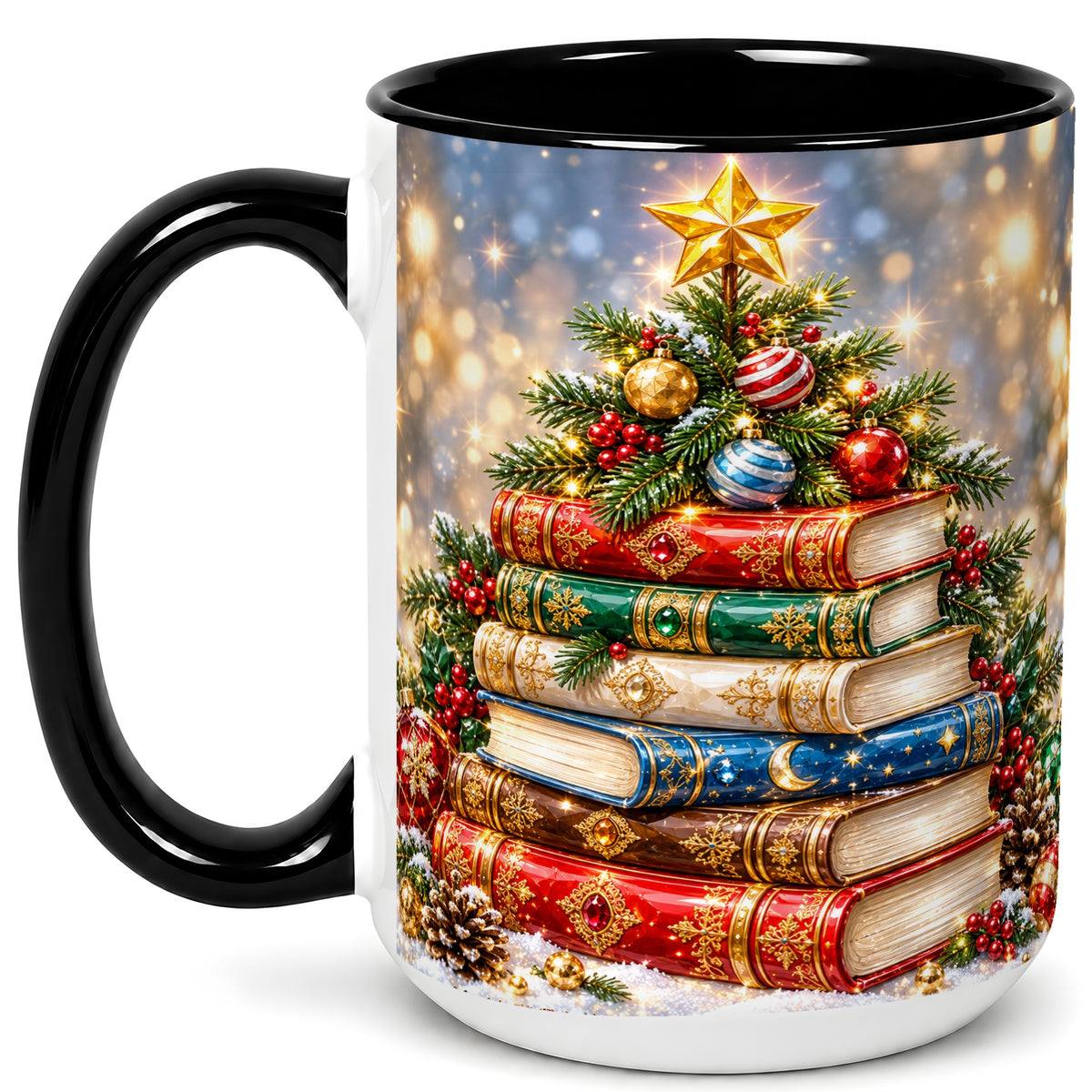 #pl[15oz|Black] Jeweled Christmas Book Tree Coffee Mug, Book Mug, Ceramic Cup