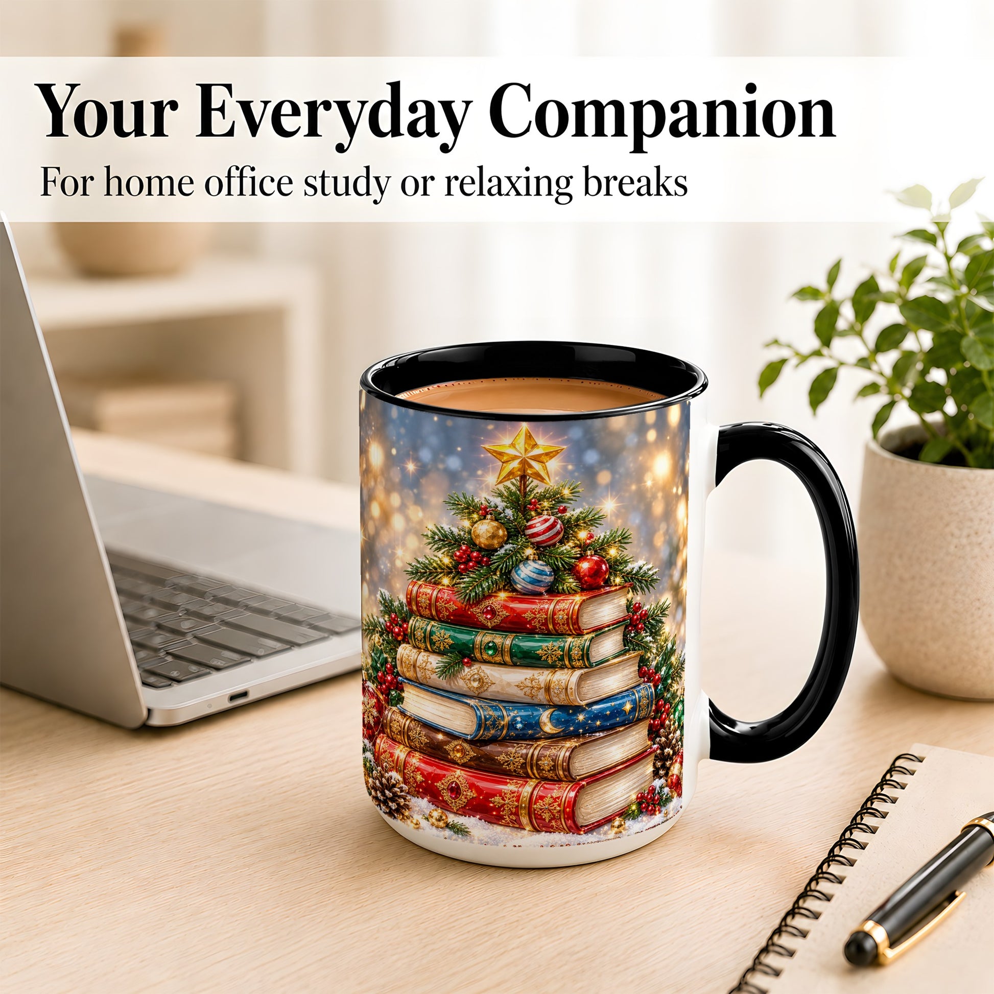 #pl[15oz|Black] Jeweled Christmas Book Tree Coffee Mug, Book Mug, Ceramic Cup